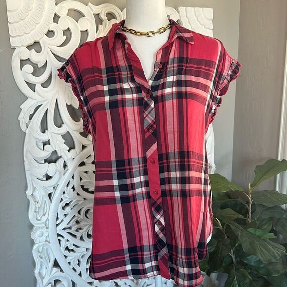 Ruffle Sleeve Plaid top - Picture 1 of 5